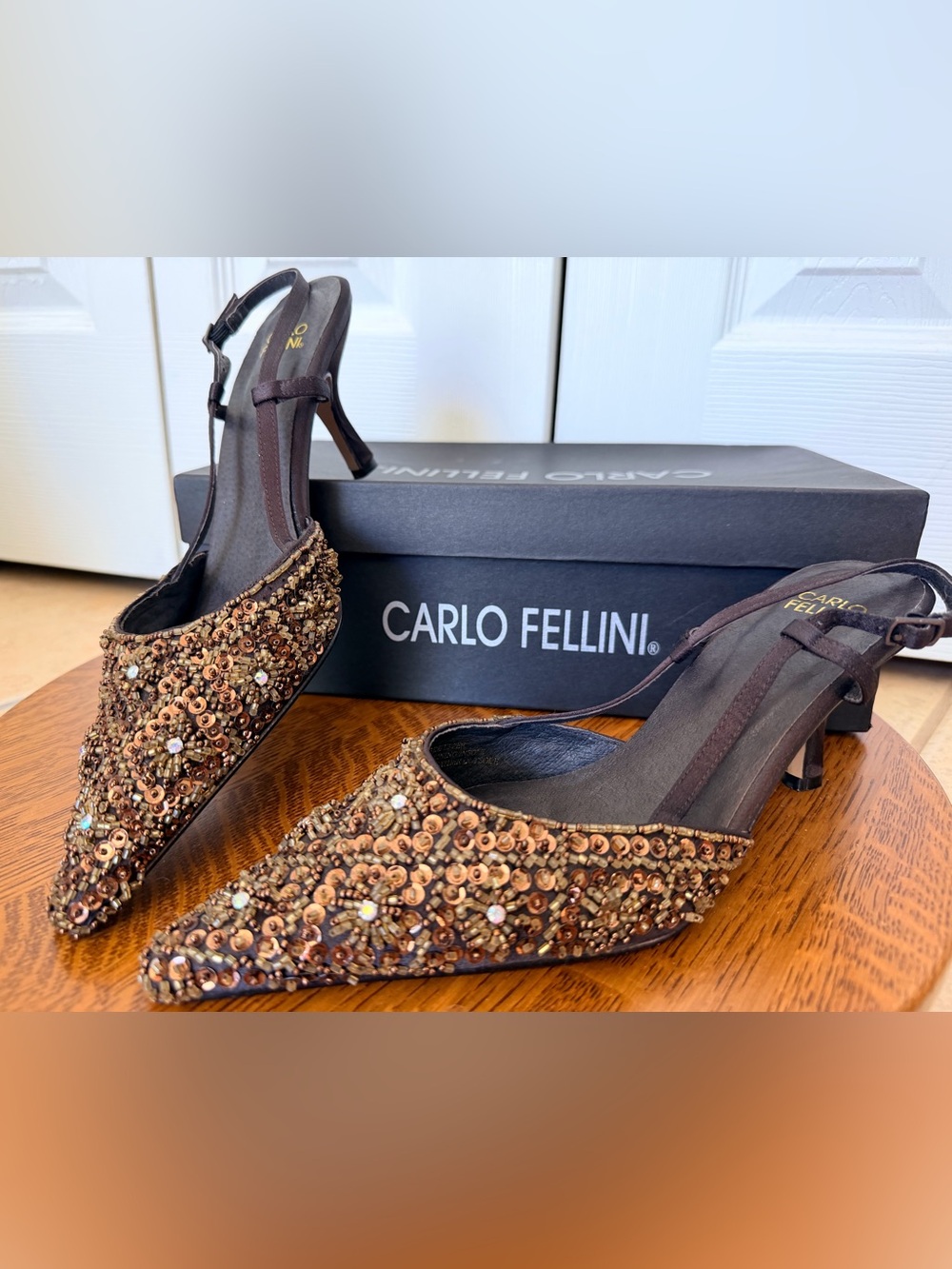 Carlo Fellini Sofia Bronze-Brown Sequin Beaded Pointed Slingback Heels Size 8